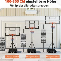 Tragbarer Basketballkorb Höhenverstellbares Basketballtor-System von 1 bis 3 m mit schlagfestem Rückbrett Schwarz
