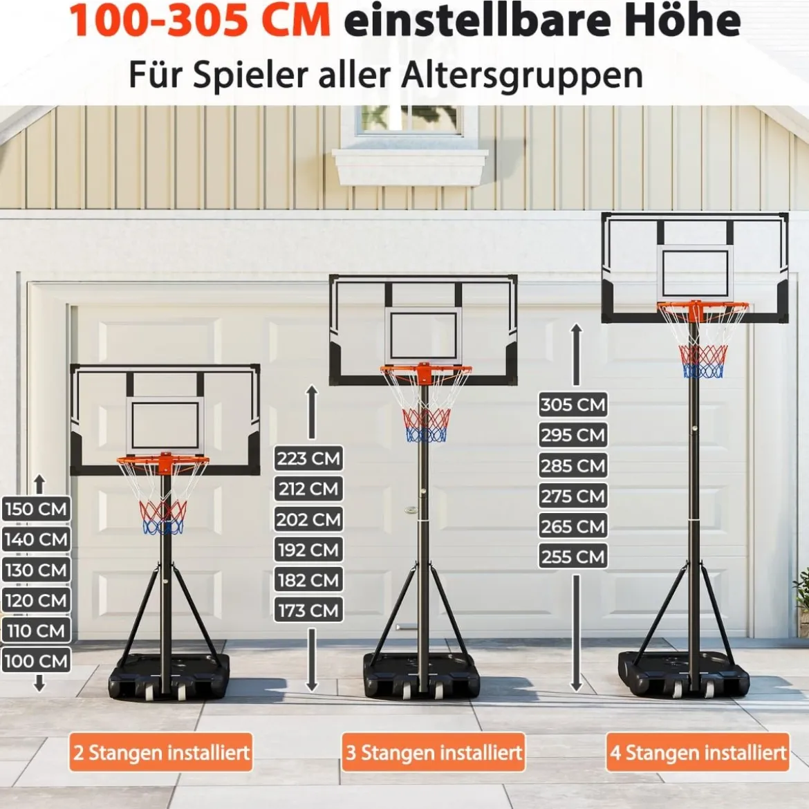 Tragbarer Basketballkorb Höhenverstellbares Basketballtor-System von 1 bis 3 m mit schlagfestem Rückbrett Schwarz