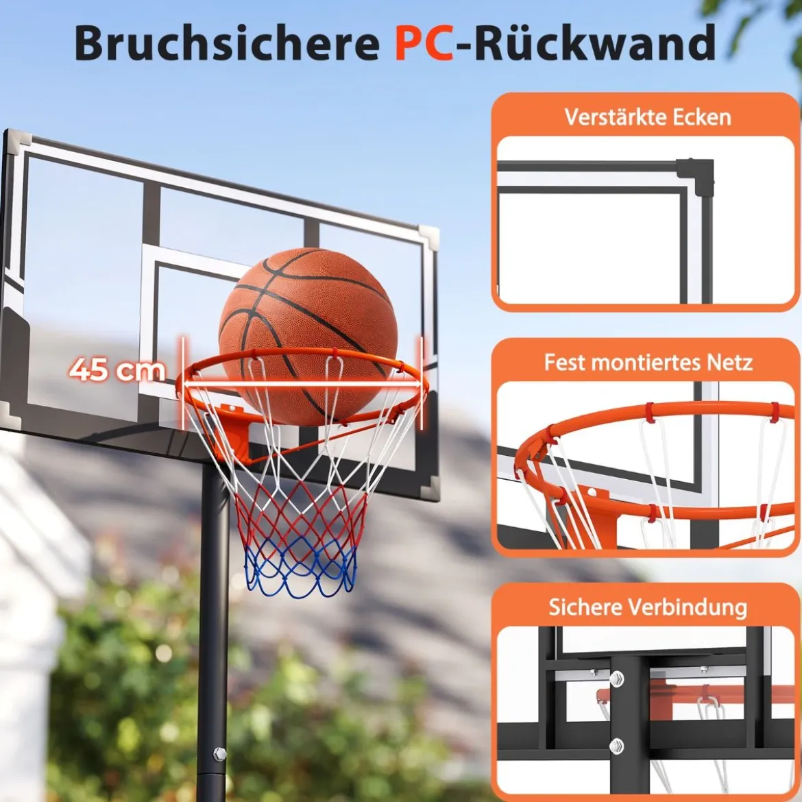 Tragbarer Basketballkorb Höhenverstellbares Basketballtor-System von 1 bis 3 m mit schlagfestem Rückbrett Schwarz