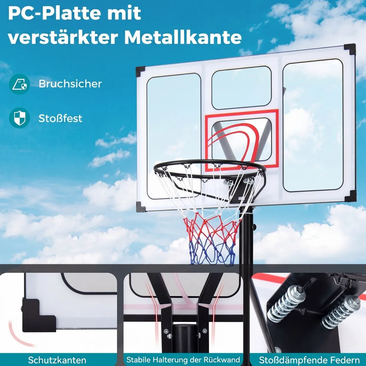 Tragbarer Basketballständer 125-305cm Höhenverstellbarer Basketballkorb mit 109cm Bruchsicherem Backboard