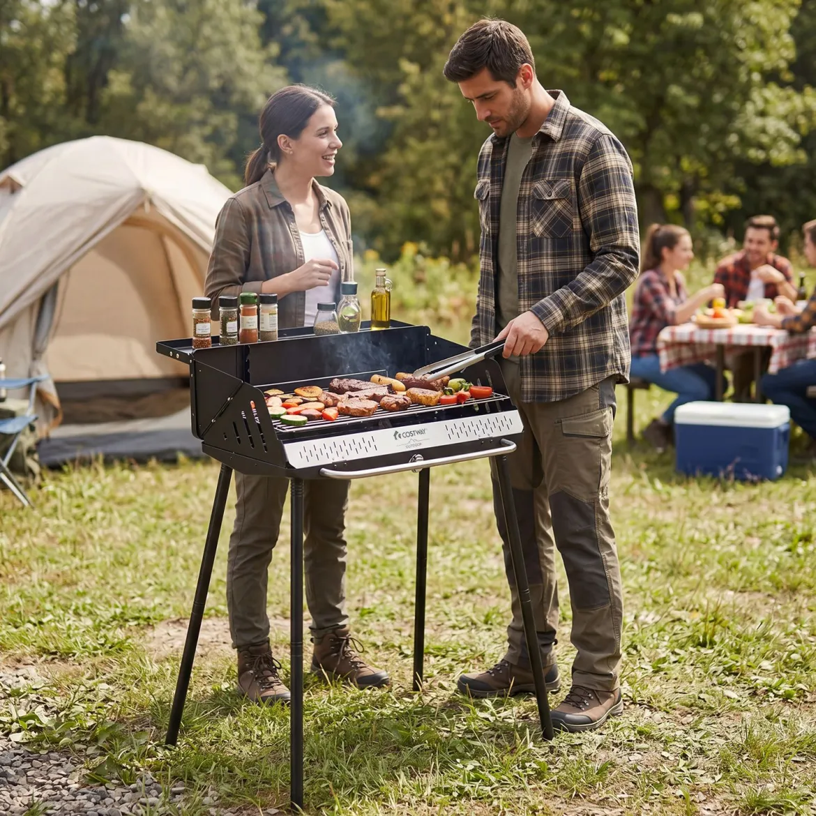 Tragbarer Holzkohlegrill 3-fach Höhenverstellbarer Campinggrill mit 2-Stufiger Grillrost Metallgestell