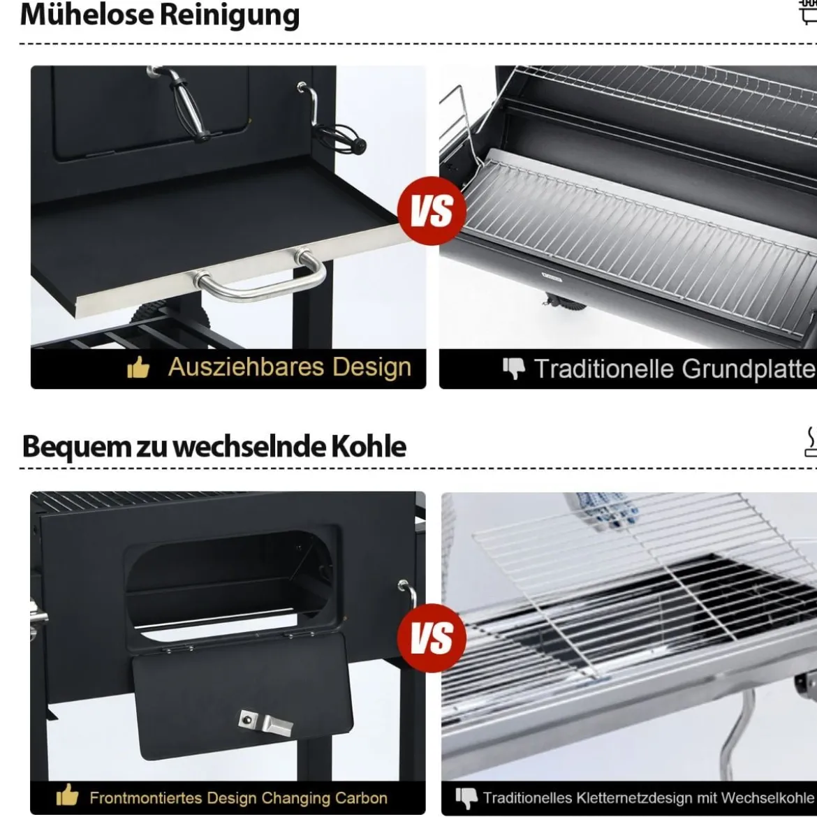 Tragbarer Holzkohlegrill Terrassengrill mit Rädern kohlegrill Holzkohle Grillwagen Schwarz