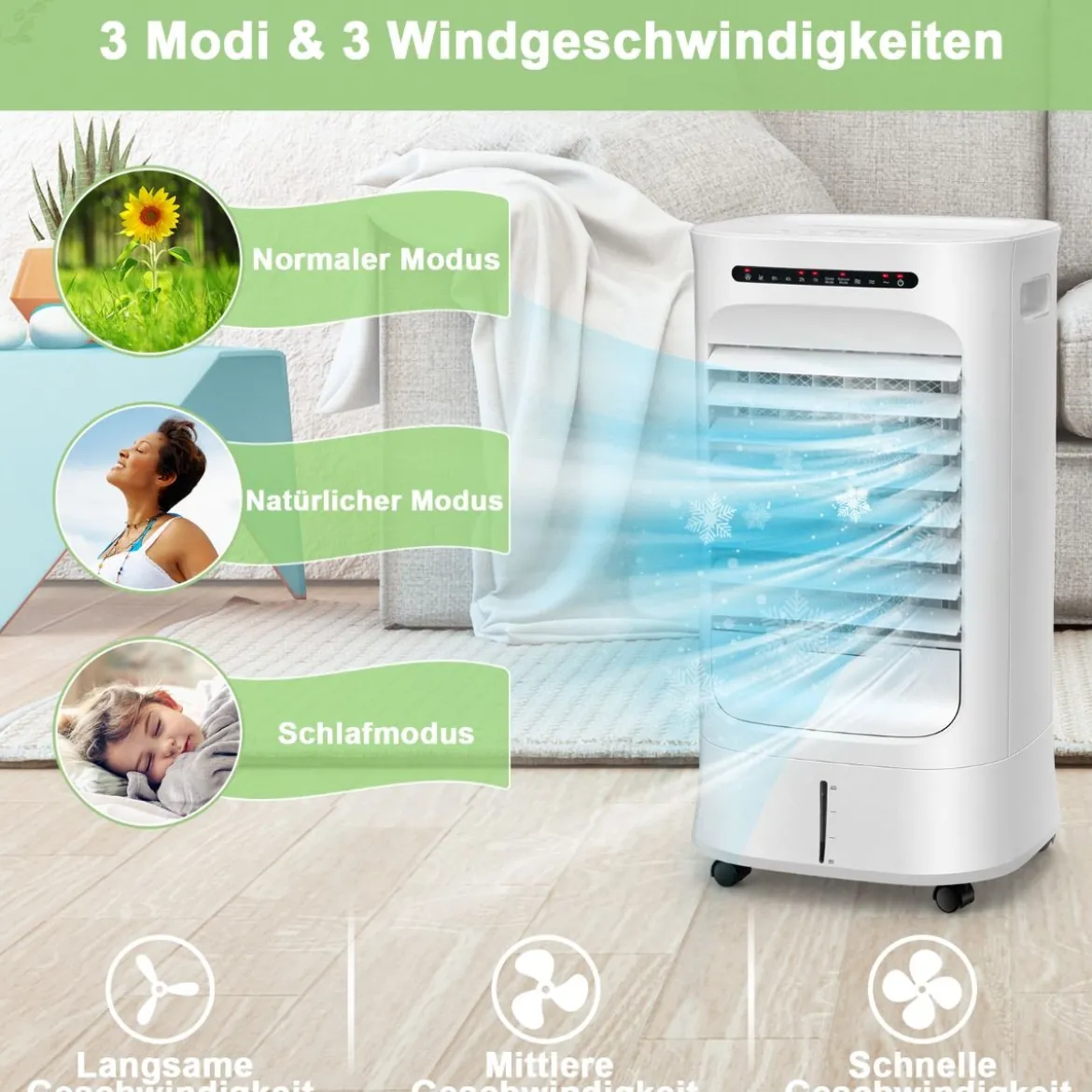 Tragbarer 3 in 1 Verdunstungsluftkühler mit Ventilator & Luftbefeuchter Weiß