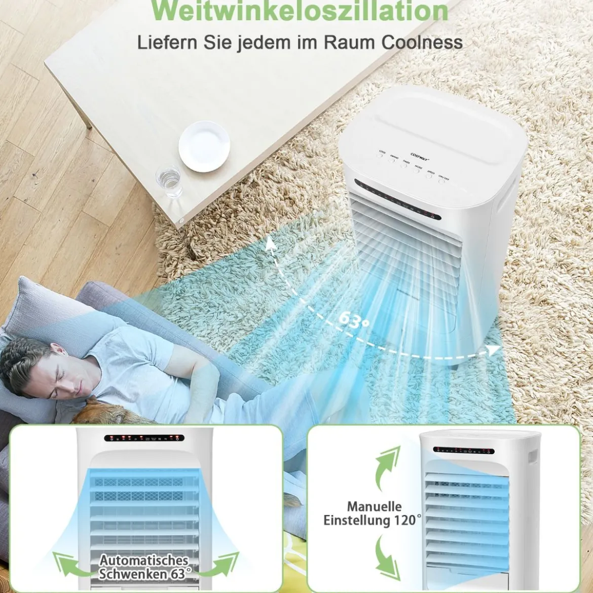 Tragbarer 3 in 1 Verdunstungsluftkühler mit Ventilator & Luftbefeuchter Weiß