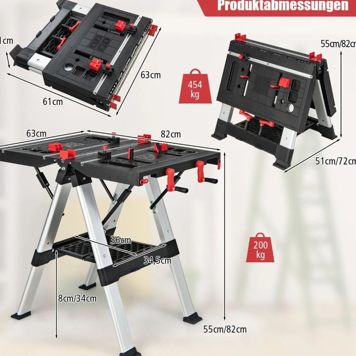 Tragbarer klappbarer Arbeitstisch mit einstellbarer Höhe funktionalen Klemmsystem