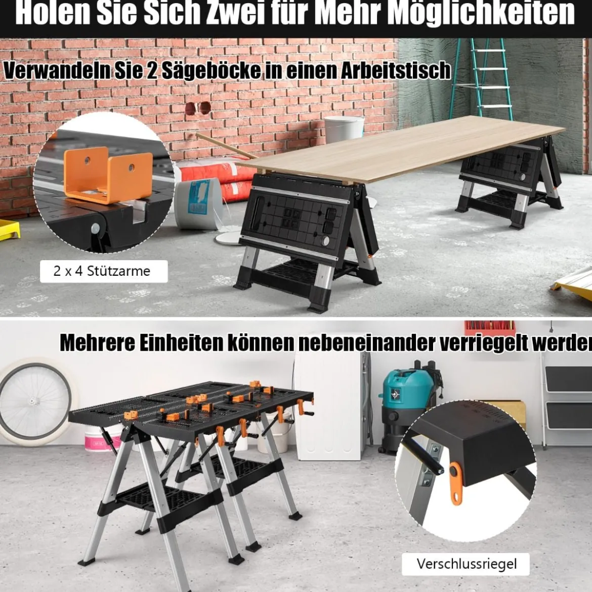 Tragbarer klappbarer Arbeitstisch Sägebock bis 454kg Werktisch bis 200kg für Werkstatt Garage Heim- und Handwerker