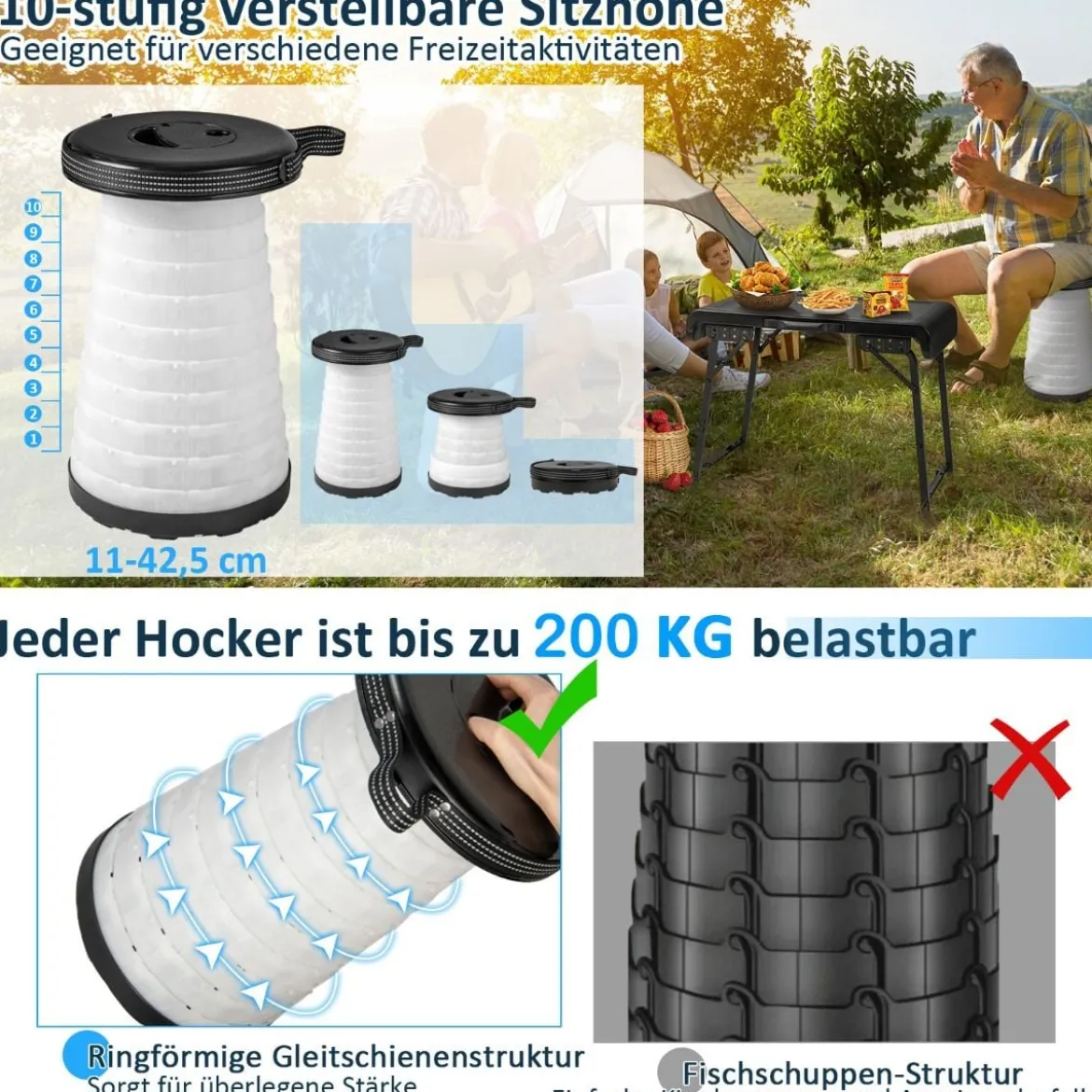 Tragbarer Klapptisch mit 2 LED Teleskophockern Campingtisch & höhenverstellbarer Hocker bis 200 kg belastbar