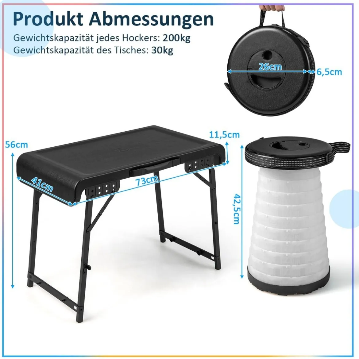 Tragbarer Klapptisch mit 2 LED Teleskophockern Campingtisch & höhenverstellbarer Hocker bis 200 kg belastbar