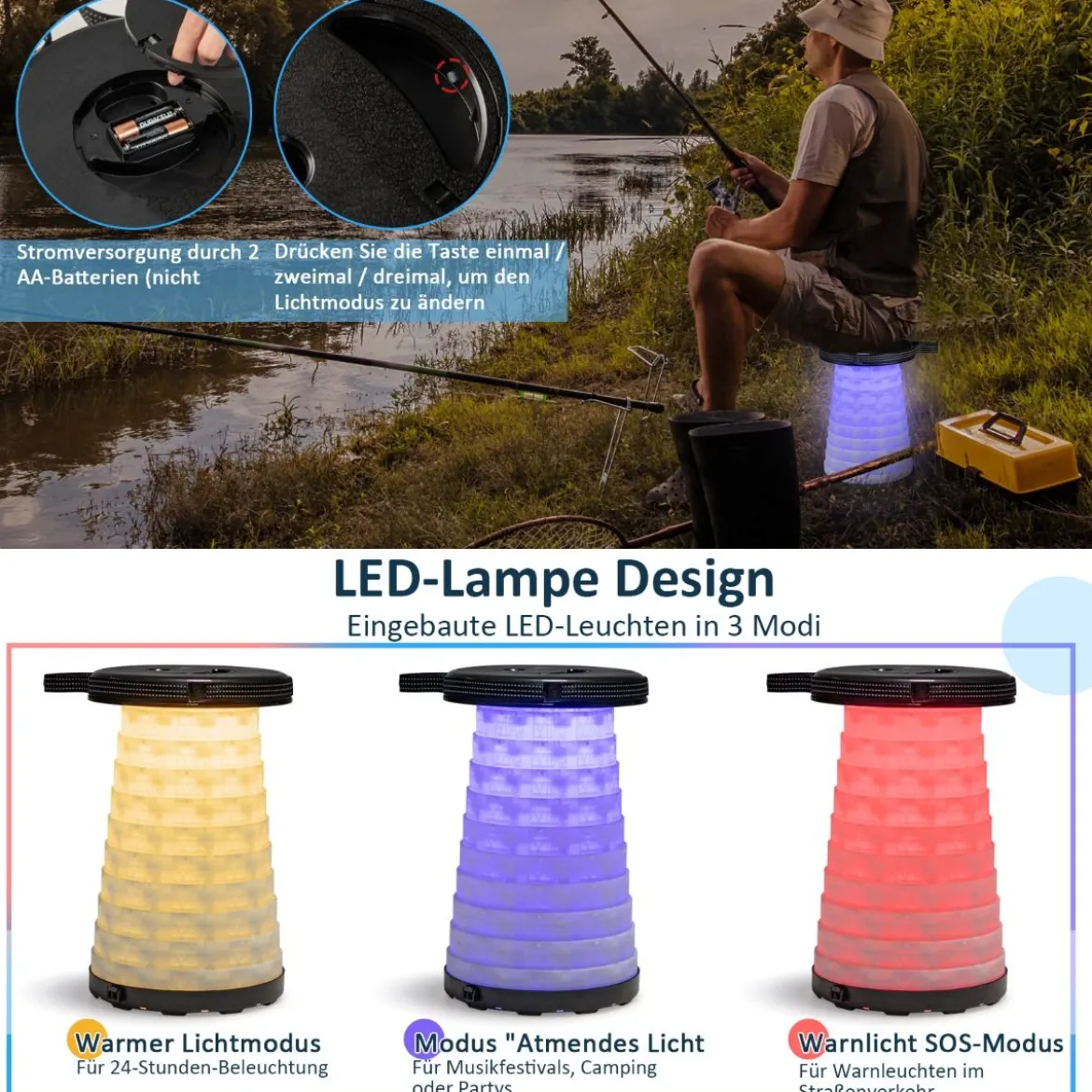 Tragbarer Klapptisch mit 2 LED Teleskophockern Campingtisch & höhenverstellbarer Hocker bis 200 kg belastbar