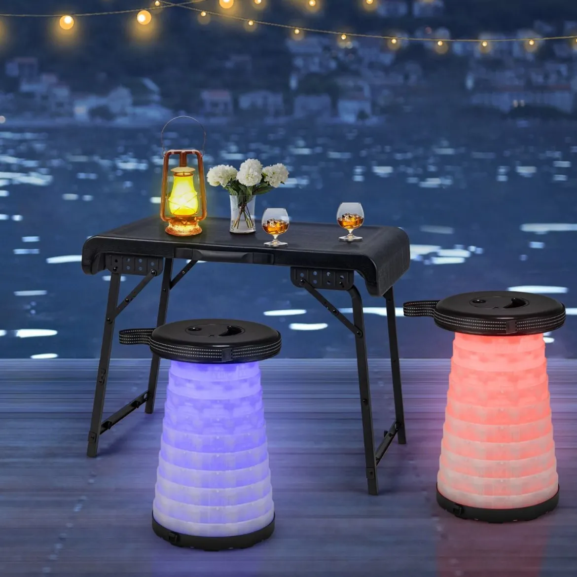 Tragbarer Klapptisch mit 2 LED Teleskophockern Campingtisch & höhenverstellbarer Hocker bis 200 kg belastbar