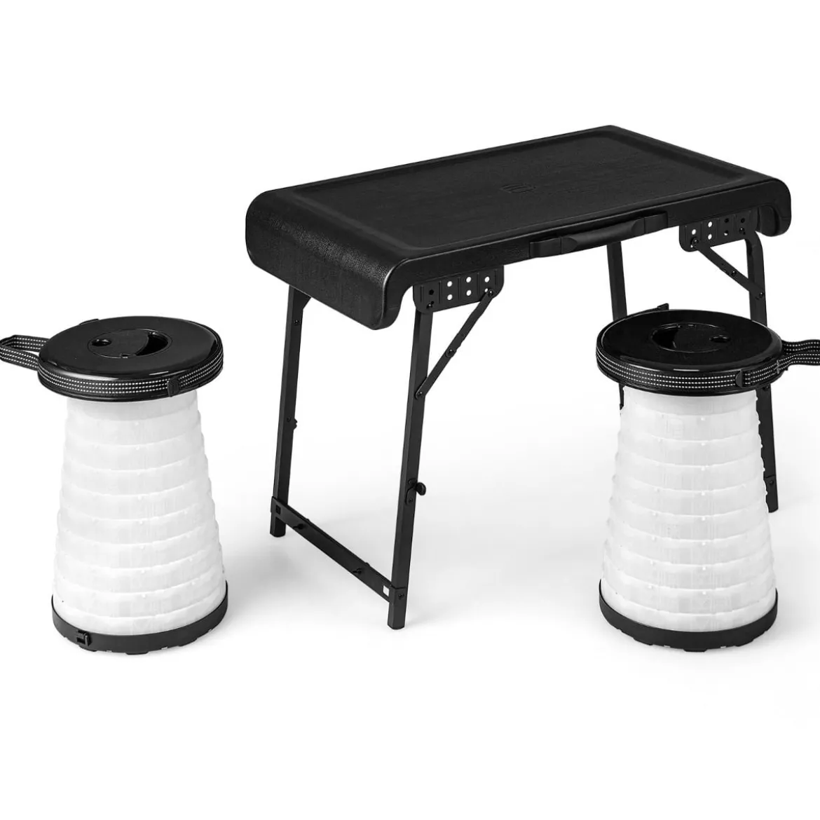 Tragbarer Klapptisch mit 2 LED Teleskophockern Campingtisch & höhenverstellbarer Hocker bis 200 kg belastbar