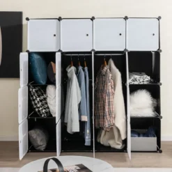 Tragbarer Kleiderschrank mit 16 Würfeln Schlafzimmerkommode mit 2 Kleiderstangen Schwarz