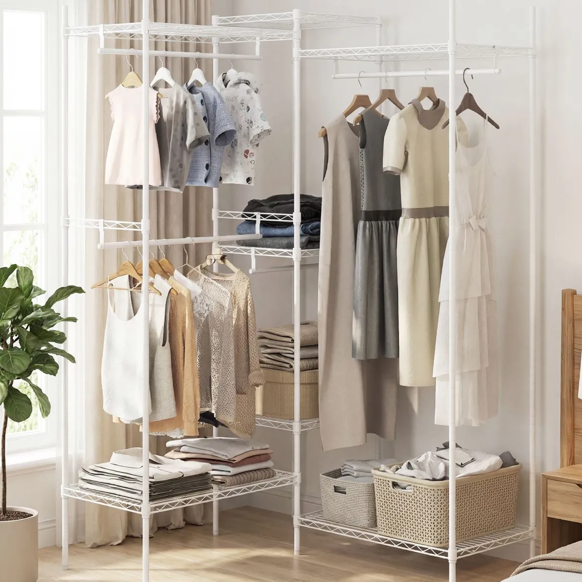 Tragbarer Kleiderschrank wandelbarer Kleiderorganizer mit L-Form & horizontaler Montage Weiß