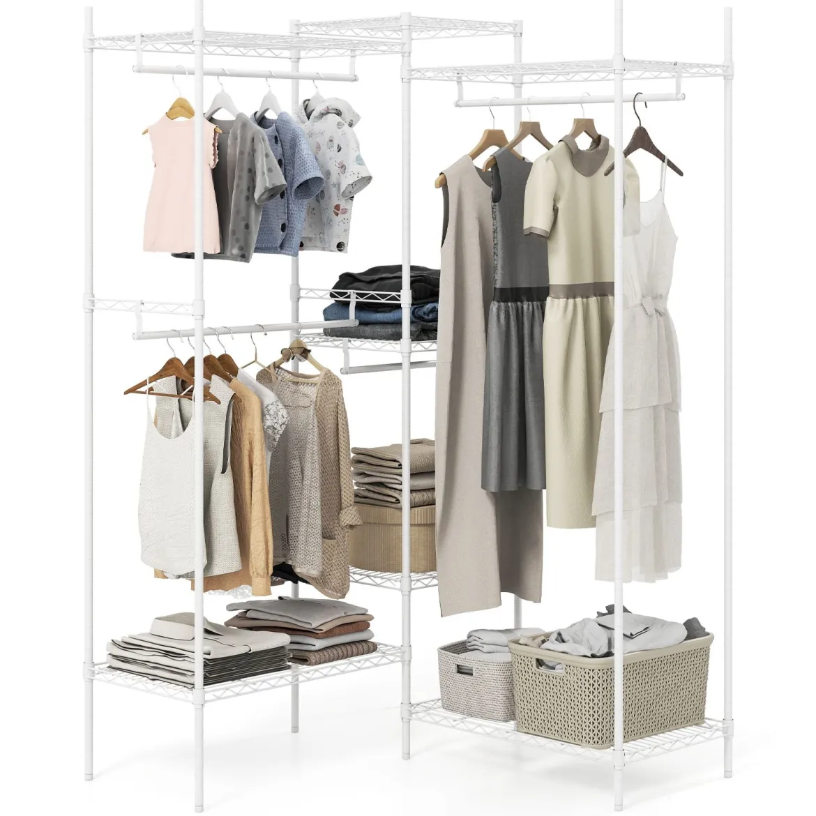 Tragbarer Kleiderschrank wandelbarer Kleiderorganizer mit L-Form & horizontaler Montage Weiß