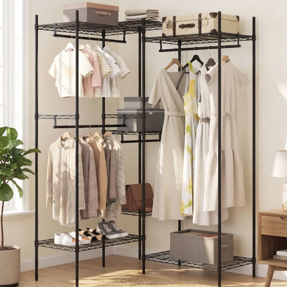 Tragbarer Kleiderschrank wandelbarer Kleiderorganizer mit L-Form & horizontaler Montage Schwarz