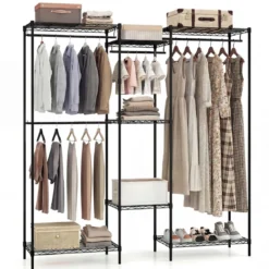 Tragbarer Kleiderschrank wandelbarer Kleiderorganizer mit L-Form & horizontaler Montage Schwarz