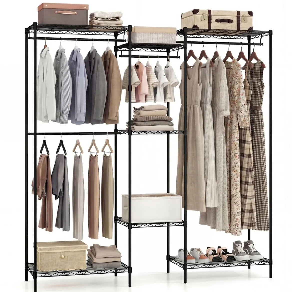 Tragbarer Kleiderschrank wandelbarer Kleiderorganizer mit L-Form & horizontaler Montage Schwarz