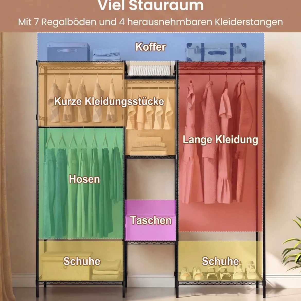 Tragbarer Kleiderschrank wandelbarer Kleiderorganizer mit L-Form & horizontaler Montage Schwarz