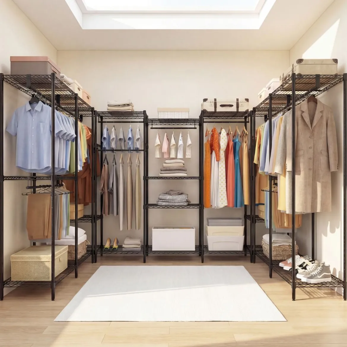 Tragbarer Kleiderschrank wandelbarer Kleiderorganizer mit L-Form & horizontaler Montage Schwarz