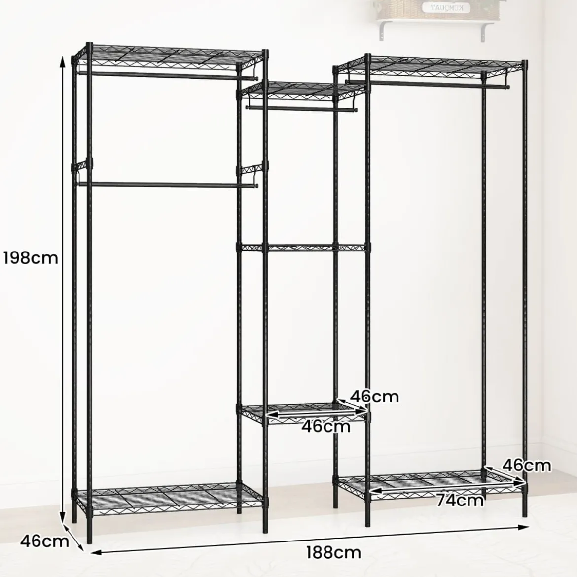 Tragbarer Kleiderschrank wandelbarer Kleiderorganizer mit L-Form & horizontaler Montage Schwarz