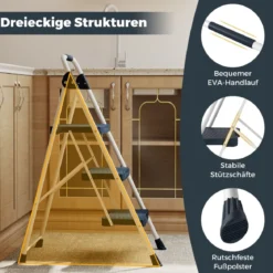 Tragbarer Leiter mit Gepolstertem Handlauf & Rutschfesten Stufen Klappbarer Trittleiter Blau