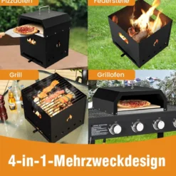 Tragbarer Mehrzweck 4-in-1-Pizzaofen mit Abdeckung & 2 Schicht Schwarz