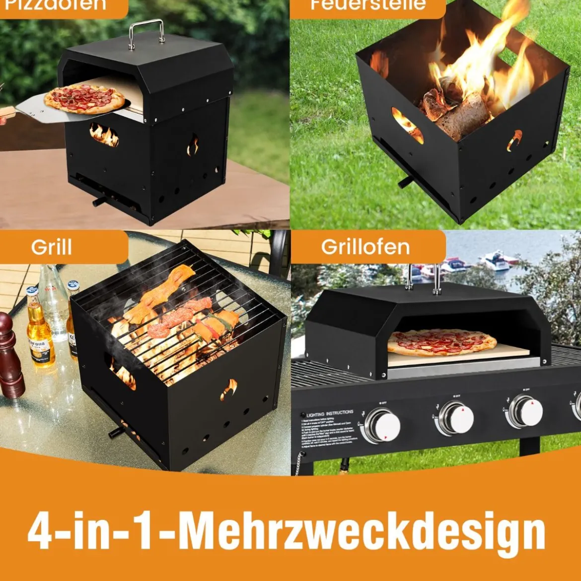 Tragbarer Mehrzweck 4-in-1-Pizzaofen mit Abdeckung & 2 Schicht Schwarz