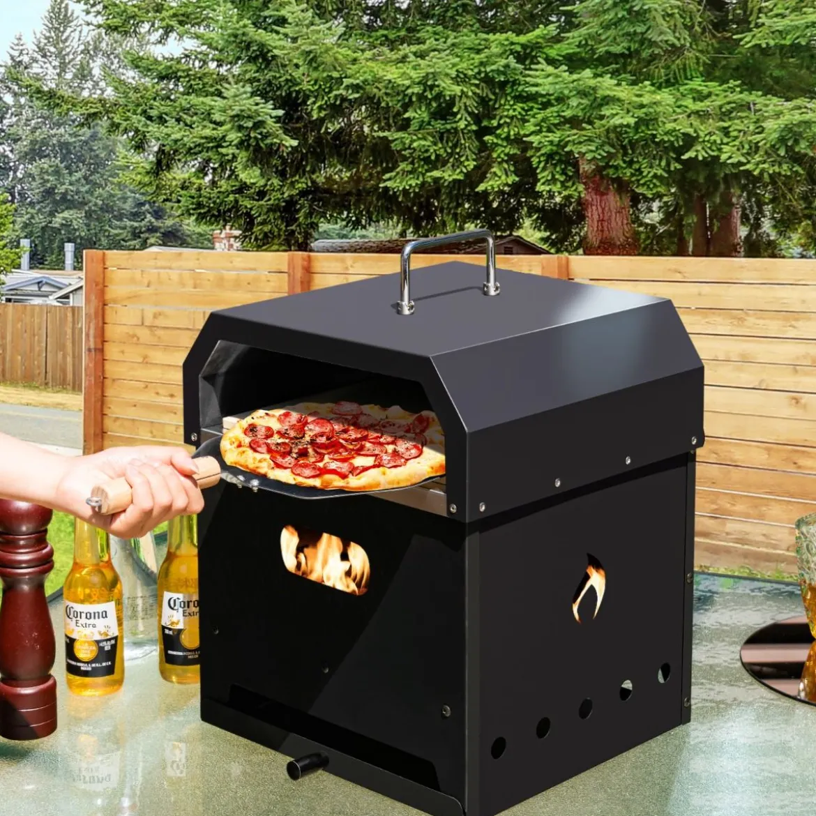 Tragbarer Mehrzweck 4-in-1-Pizzaofen mit Abdeckung & 2 Schicht Schwarz