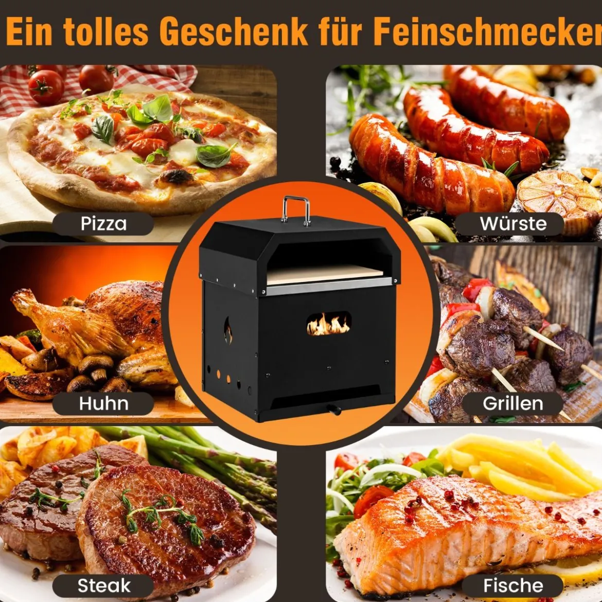 Tragbarer Mehrzweck 4-in-1-Pizzaofen mit Abdeckung & 2 Schicht Schwarz