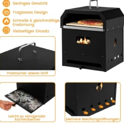 Tragbarer Mehrzweck 4-in-1-Pizzaofen mit Abdeckung & 2 Schicht Schwarz