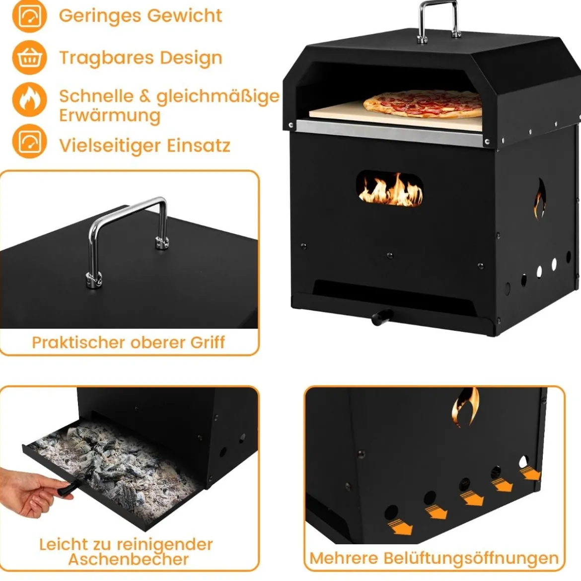 Tragbarer Mehrzweck 4-in-1-Pizzaofen mit Abdeckung & 2 Schicht Schwarz