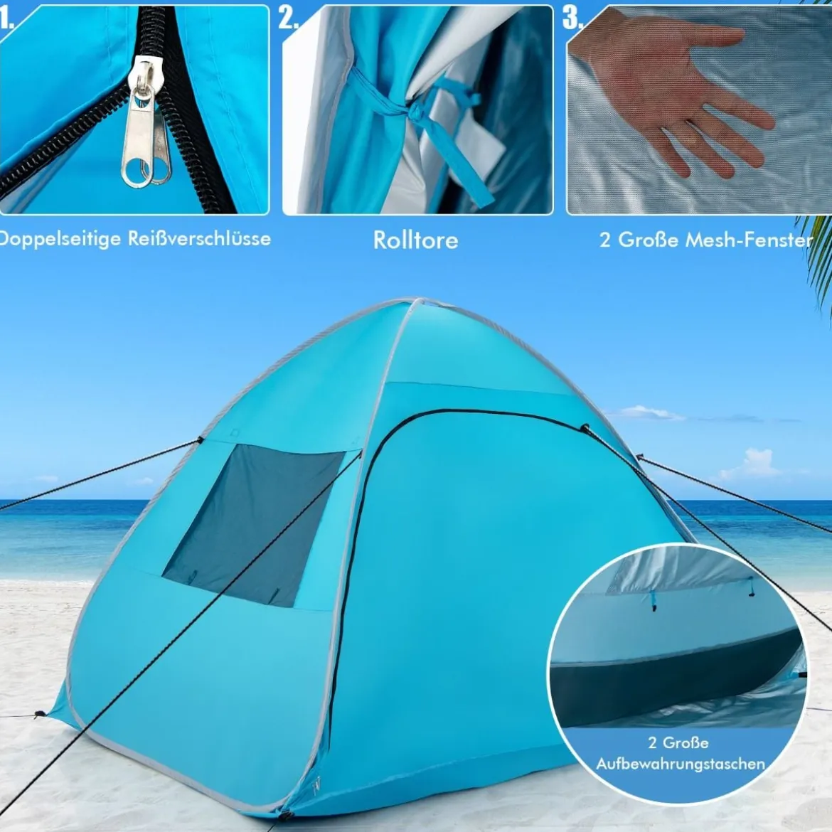 Tragbarer Pop up Strandzelt mit Tragetasche UPF50+ Sonnenschutz für 2-4 Personen Blau