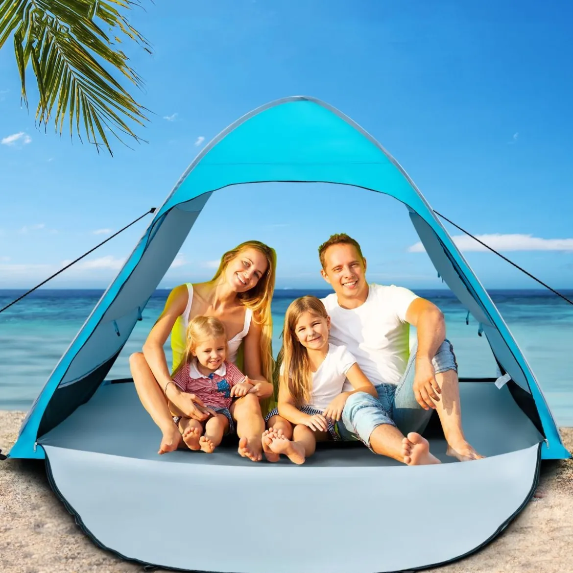 Tragbarer Pop up Strandzelt mit Tragetasche UPF50+ Sonnenschutz für 2-4 Personen Blau
