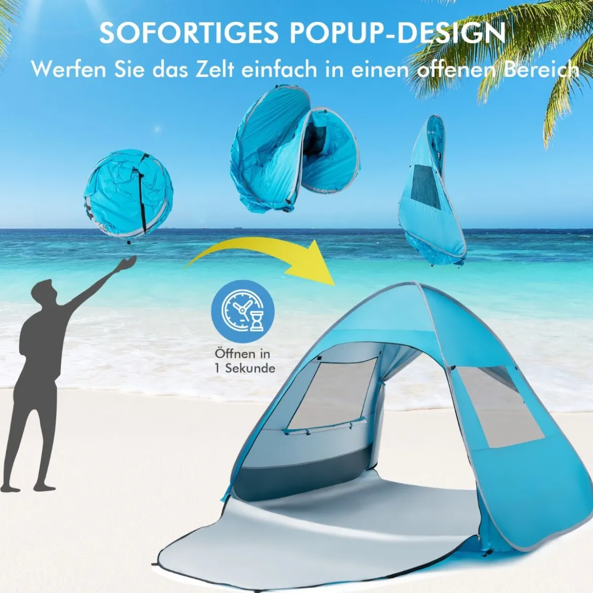 Tragbarer Pop up Strandzelt mit Tragetasche UPF50+ Sonnenschutz für 2-4 Personen Blau