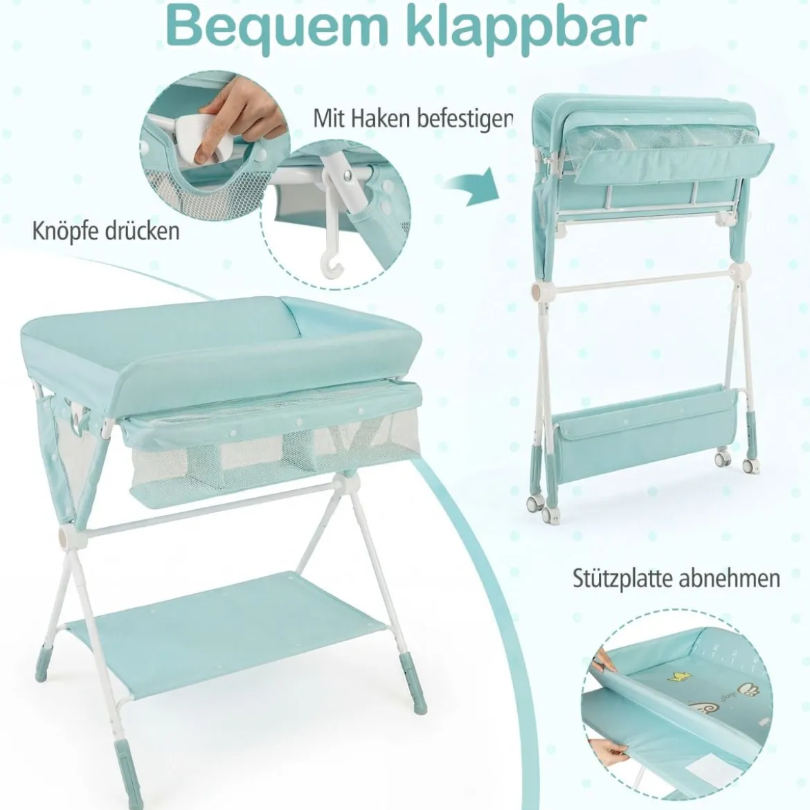 Tragbarer Wickeltisch klappbare Wickelstation mit 3-fach verstellbarer Höhe & feststellbaren Rollen Grün
