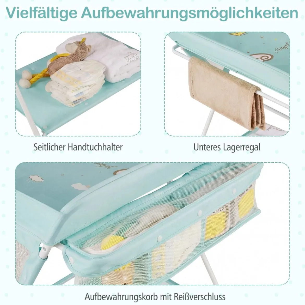Tragbarer Wickeltisch klappbare Wickelstation mit 3-fach verstellbarer Höhe & feststellbaren Rollen Grün