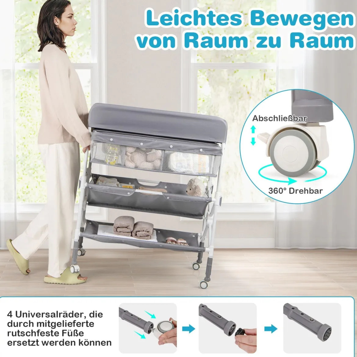 Tragbarer Wickeltisch mit Rollen Faltbare Wickelkommode mit Höhenverstellbarer Wickelauflage Grau