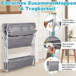 Tragbarer Wickeltisch mit Rollen Faltbare Wickelkommode mit Höhenverstellbarer Wickelauflage Grau