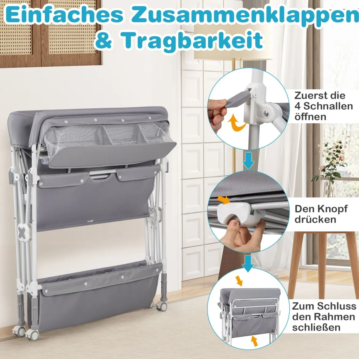 Tragbarer Wickeltisch mit Rollen Faltbare Wickelkommode mit Höhenverstellbarer Wickelauflage Grau