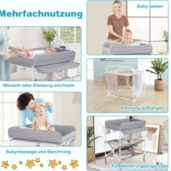 Tragbarer Wickeltisch mit Rollen Faltbare Wickelkommode mit Höhenverstellbarer Wickelauflage Grau