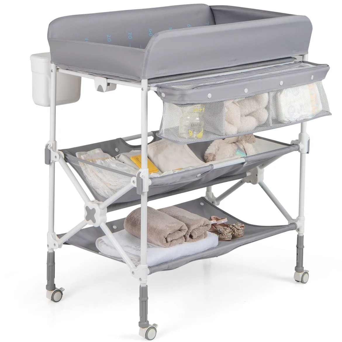 Tragbarer Wickeltisch mit Rollen Faltbare Wickelkommode mit Höhenverstellbarer Wickelauflage Grau