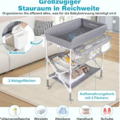 Tragbarer Wickeltisch mit Rollen Faltbare Wickelkommode mit Höhenverstellbarer Wickelauflage Grau