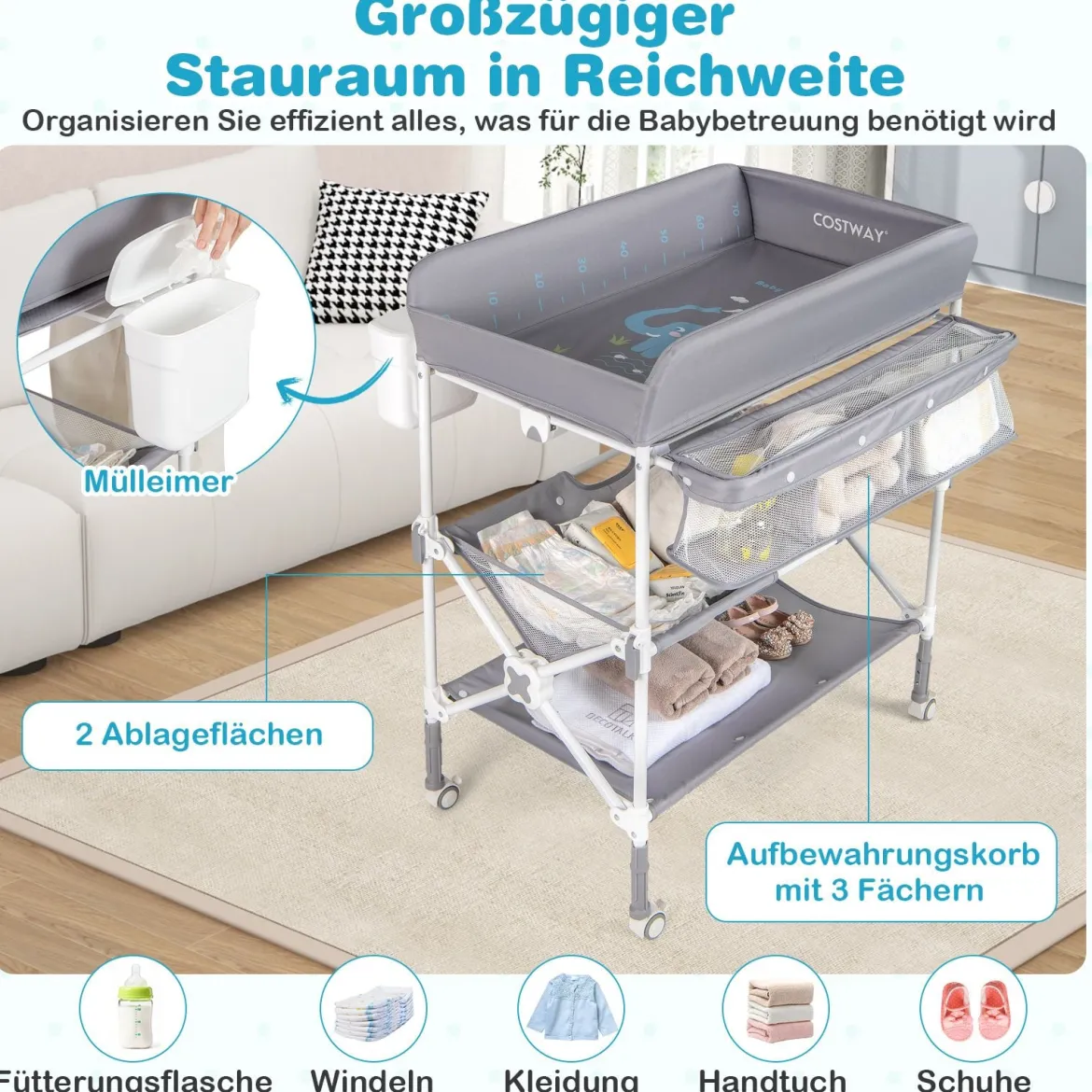 Tragbarer Wickeltisch mit Rollen Faltbare Wickelkommode mit Höhenverstellbarer Wickelauflage Grau