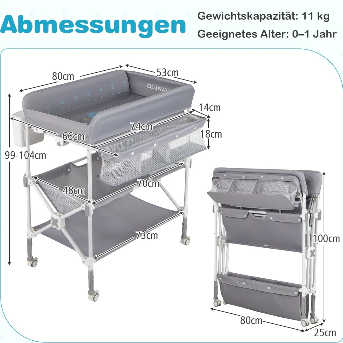 Tragbarer Wickeltisch mit Rollen Faltbare Wickelkommode mit Höhenverstellbarer Wickelauflage Grau