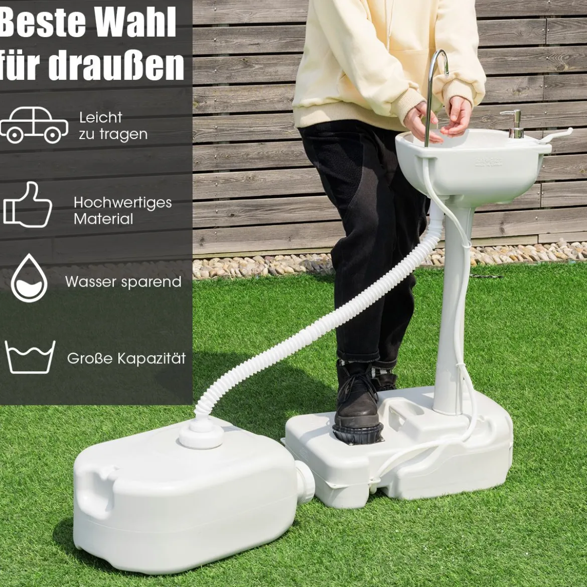 Tragbares Camping-Waschbecken mit 17L Wassertank & Rädern & Handtuchhalter & Fußpumpe