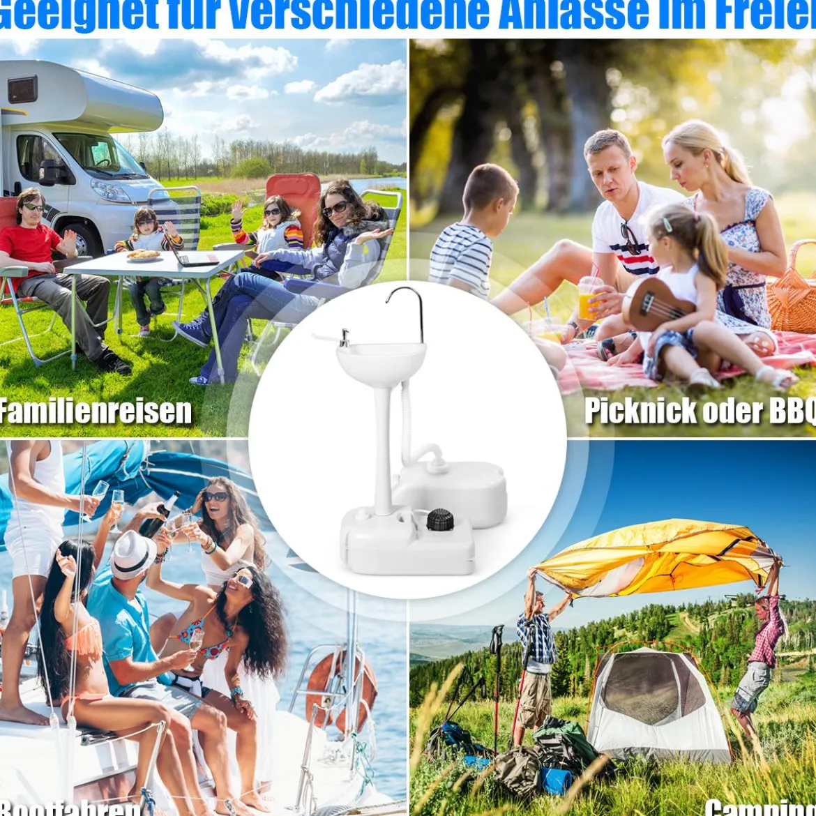 Tragbares Camping-Waschbecken mit 17L Wassertank & Rädern & Handtuchhalter & Fußpumpe