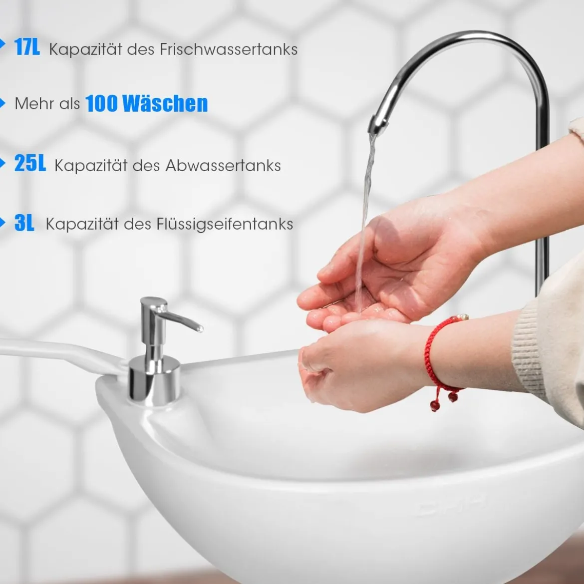 Tragbares Camping-Waschbecken mit 17L Wassertank & Rädern & Handtuchhalter & Fußpumpe