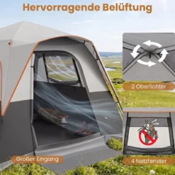 Tragbares Campingzelt für 6 Personen mit Sonnenschutz Wasserfestes Pop-up Zelt mit Tragetasche Grau