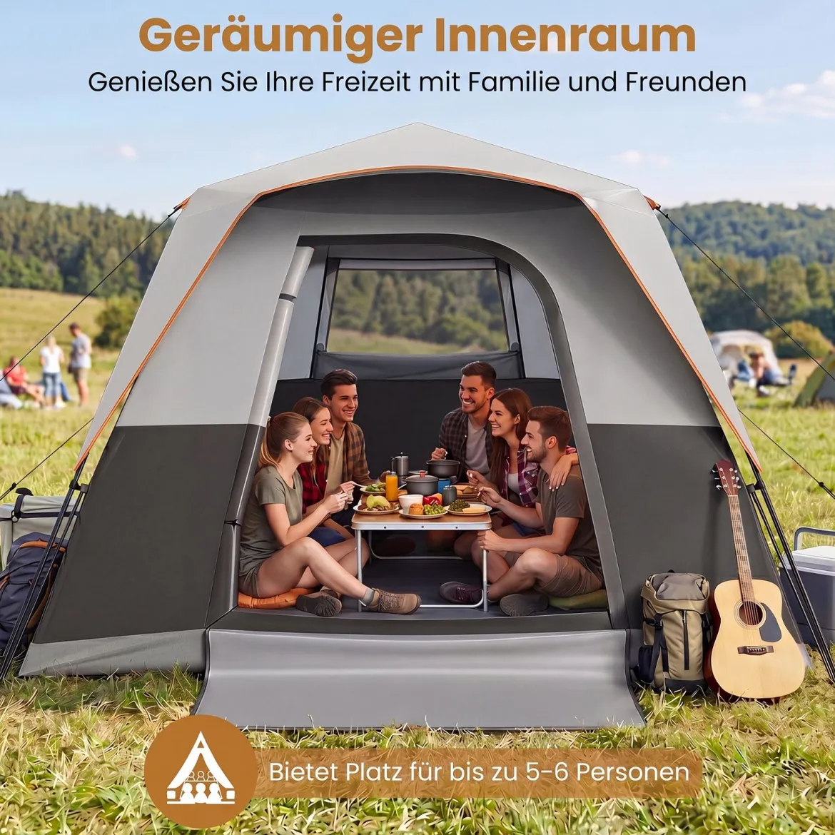 Tragbares Campingzelt für 6 Personen mit Sonnenschutz Wasserfestes Pop-up Zelt mit Tragetasche Grau