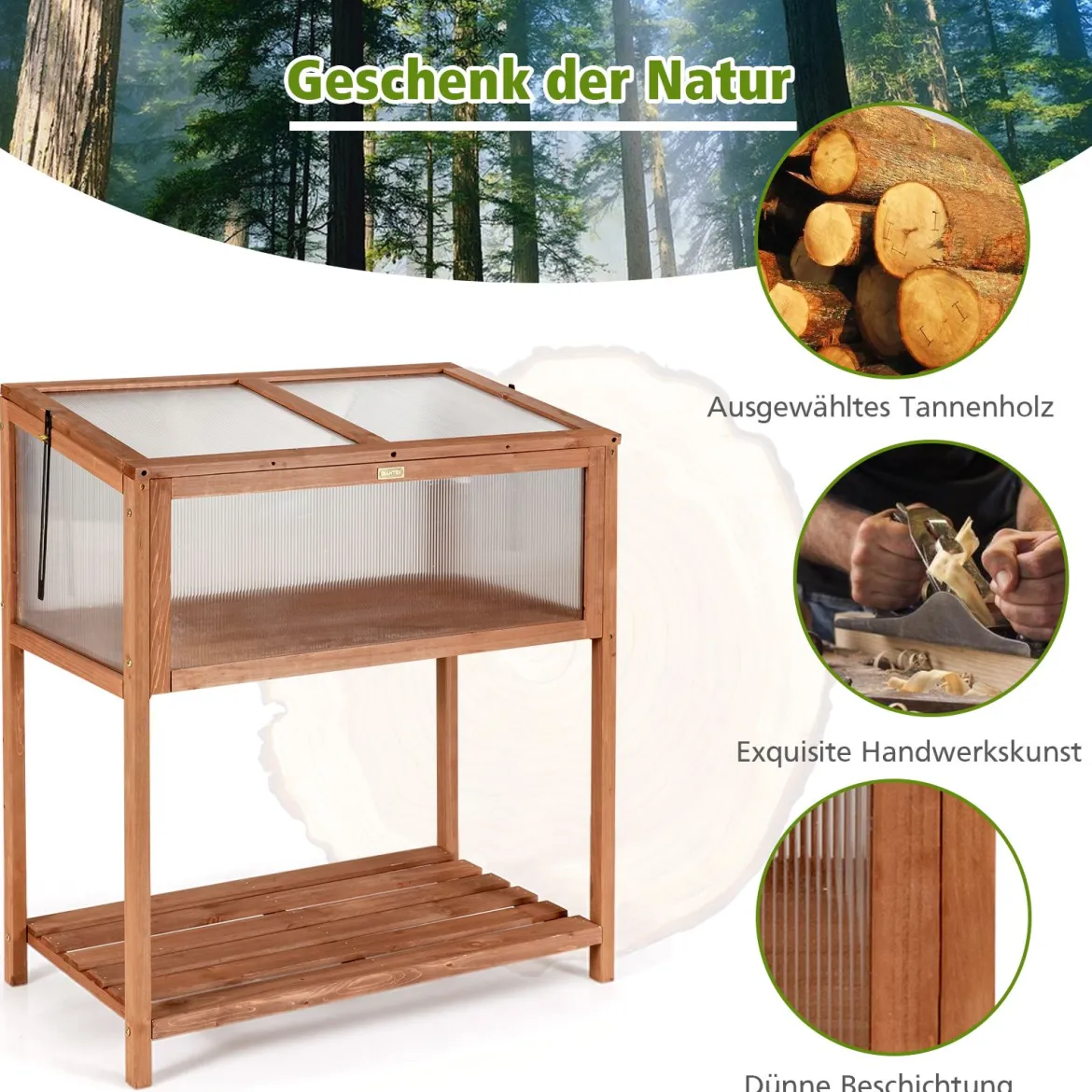 Tragbares Gewächshaus hölzernes Gewächshaus Frühbeet mit Ablage 90 x 49 x 104,5 cm Natur